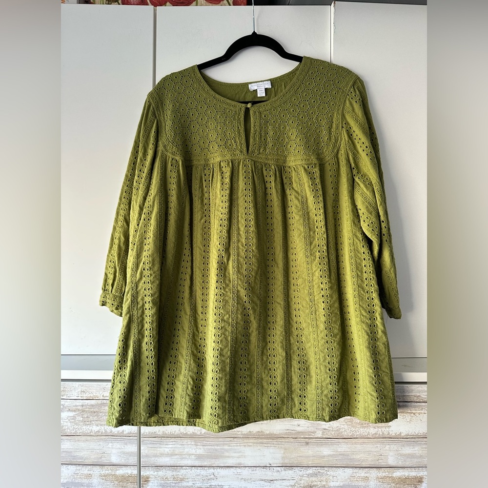 💚 Charter Club Woman 20W Olive Eyelet Tunic Top Boho Peasant Plus Size